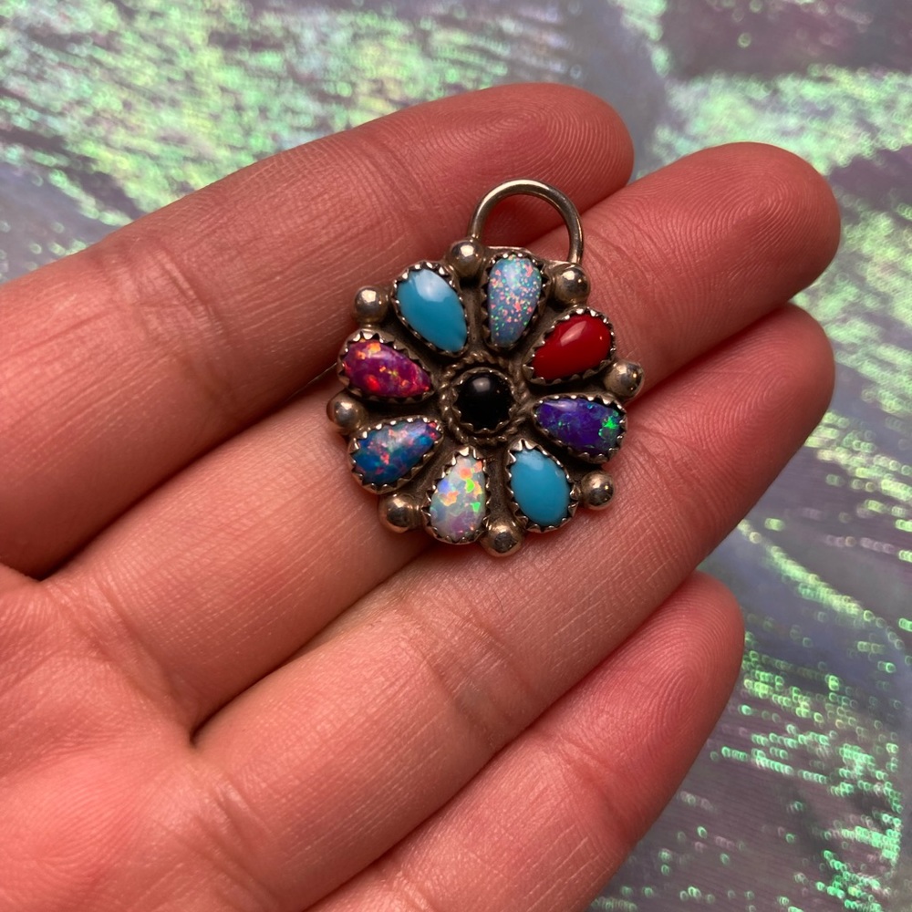 ✨Stamped sterling silver fire opal/coral/onyx/turquoise Navajo pendant✨